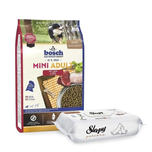 Bosch Mini Adult Lamb and rice küçük Irk köpek Maması 3kg & Sleepy Petcare Bakım havlusu 60 adet