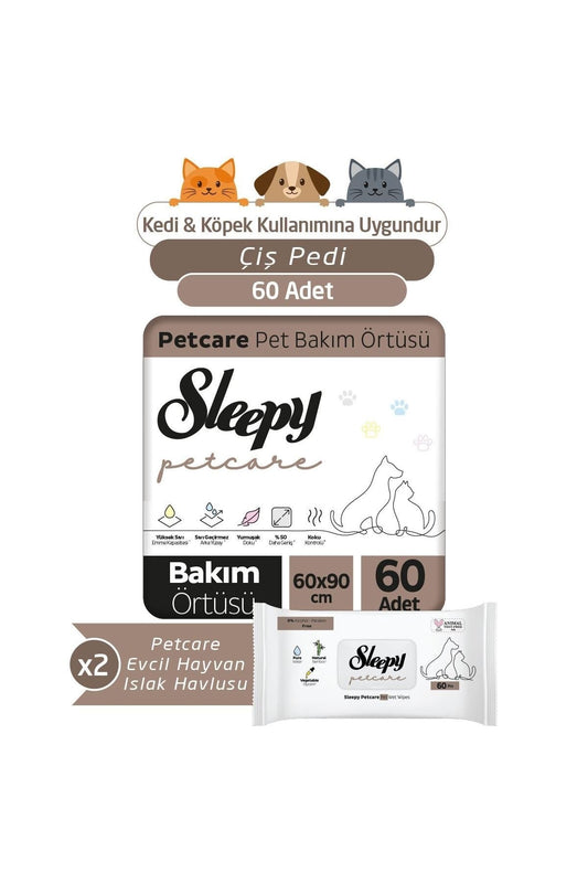 Sleepy Petcare 30'lu Paket Pet Bakım Örtüsü- 2 Adet ve Evcil Hayvan Islak Havlusu 60'lı - Adet